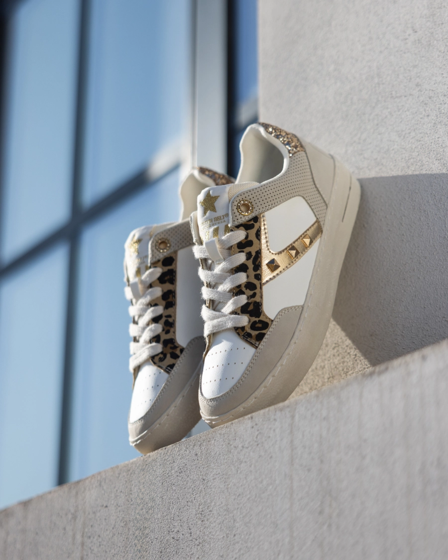 White Cotton Belt sneakers with leopard print and gold details.